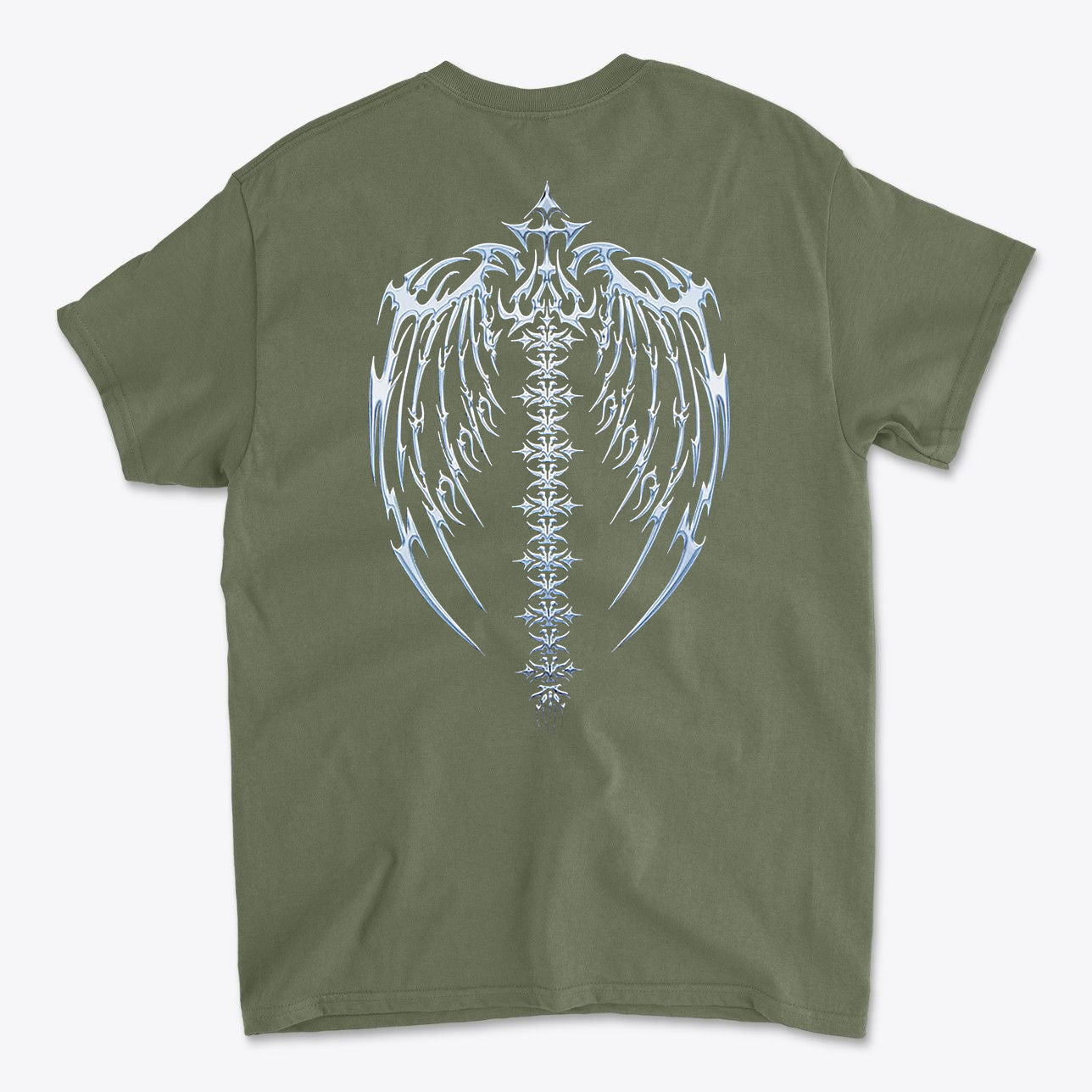 Spine Back Design Graphic Print on an olive green T-shirt featuring intricate wing and spine designs.