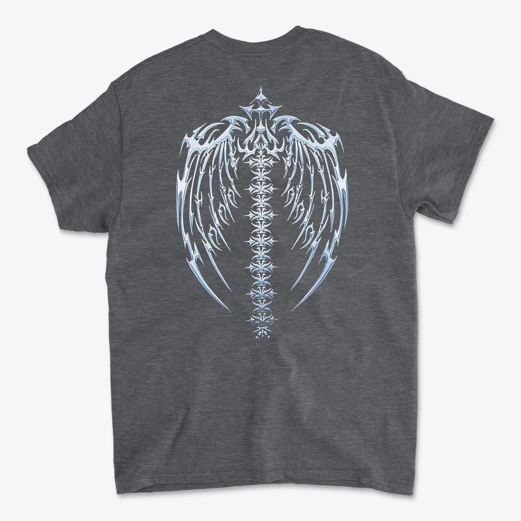 Spine Back Design Graphic Print on a premium graphic t-shirt featuring intricate wing and spine design.