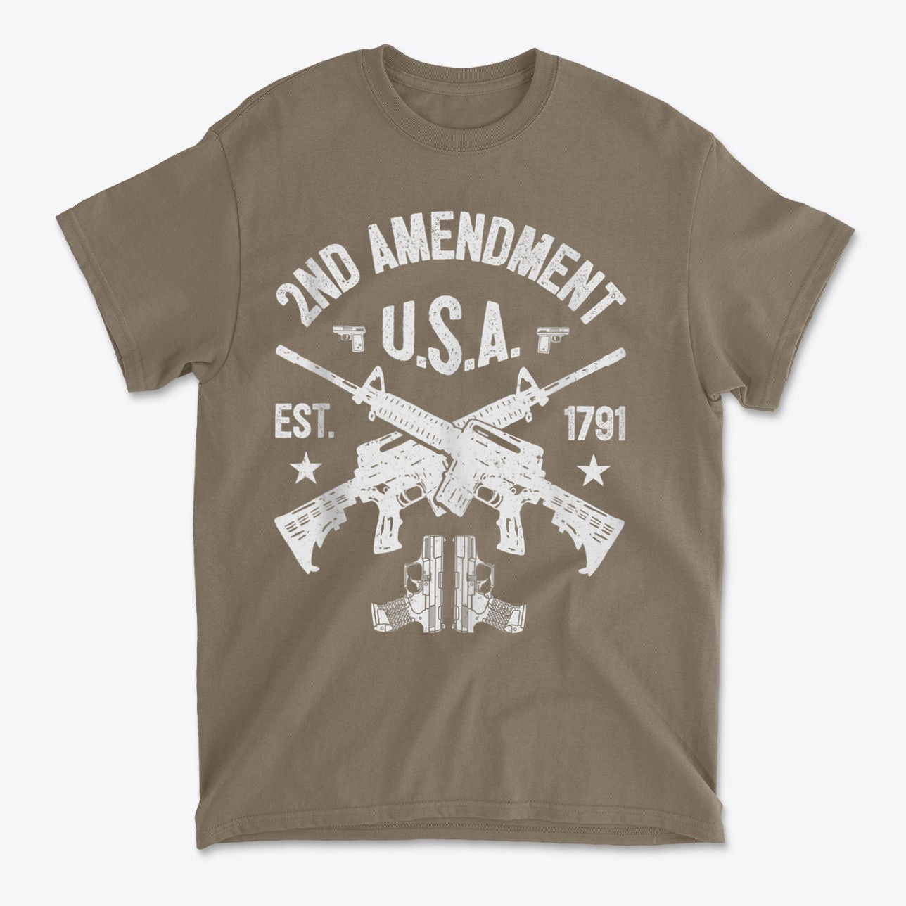 2nd Amendment U.S.A. Est. 1791 graphic t-shirt featuring crossed rifles and patriotic design.