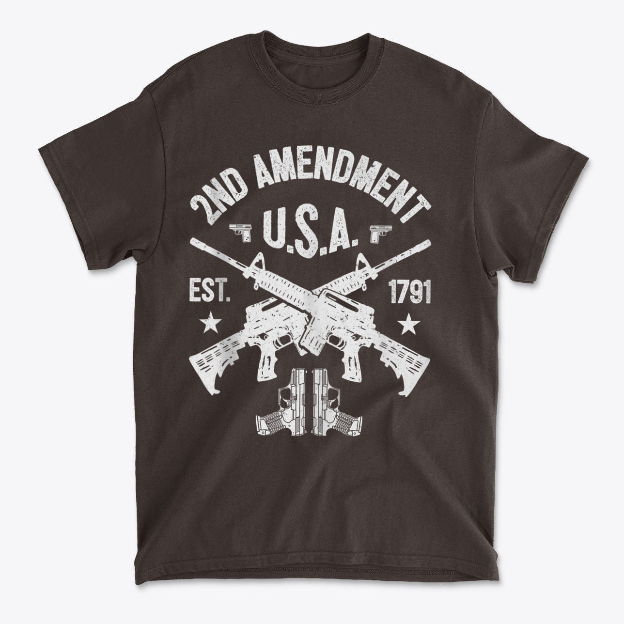 2nd Amendment U.S.A. Est. 1791 graphic t-shirt featuring guns and patriotic design.