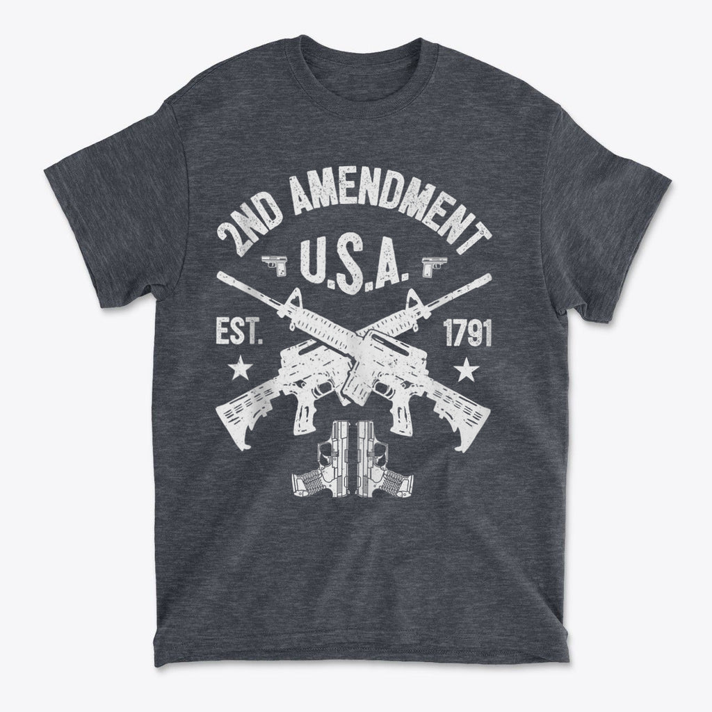 2nd Amendment U.S.A. Est. 1791 graphic t-shirt featuring crossed rifles and a conservative design.