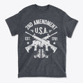 2nd Amendment U.S.A. Est. 1791 graphic t-shirt featuring crossed rifles and a conservative design.