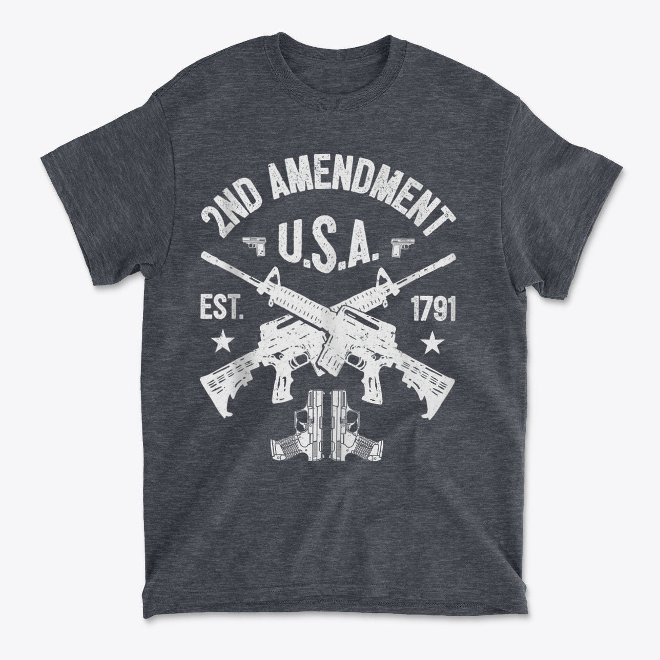 2nd Amendment U.S.A. Est. 1791 graphic t-shirt featuring crossed rifles and a conservative design.