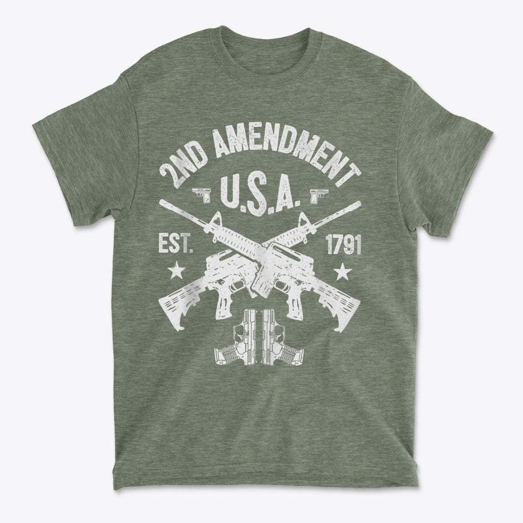 2nd Amendment U.S.A. Est. 1791 Premium Conservative Graphic T-Shirt design with rifles and patriotic elements.