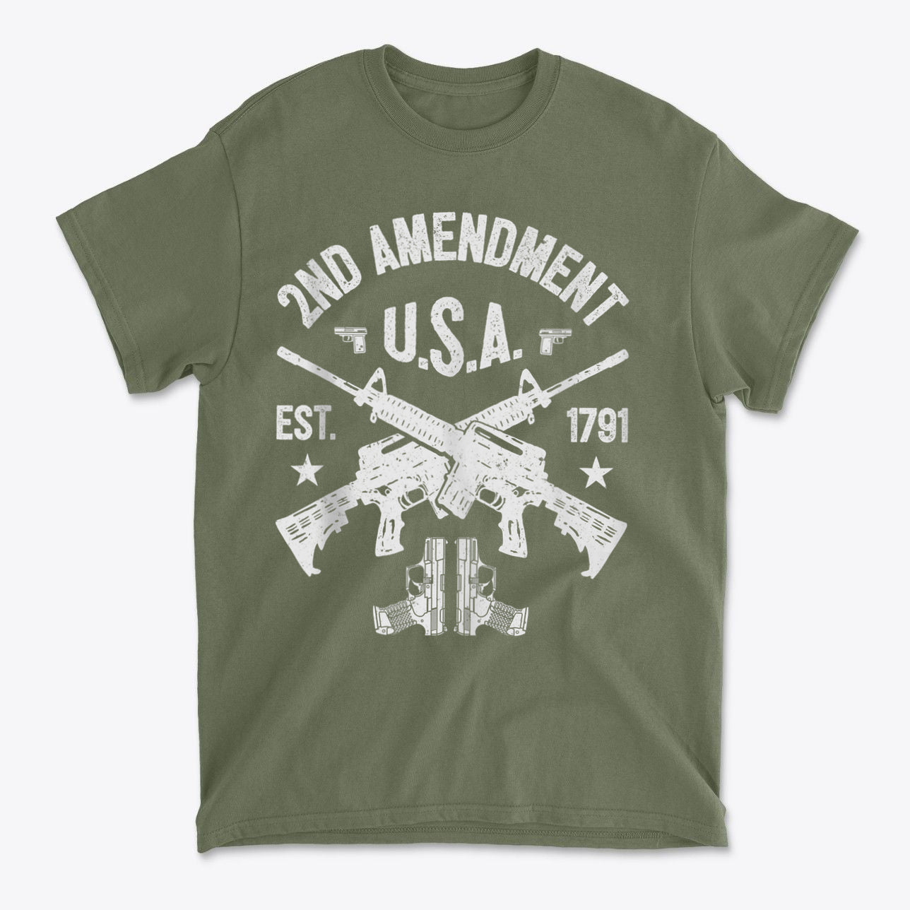 2nd Amendment U.S.A. Est. 1791 graphic t-shirt featuring crossed rifles and patriotic design.