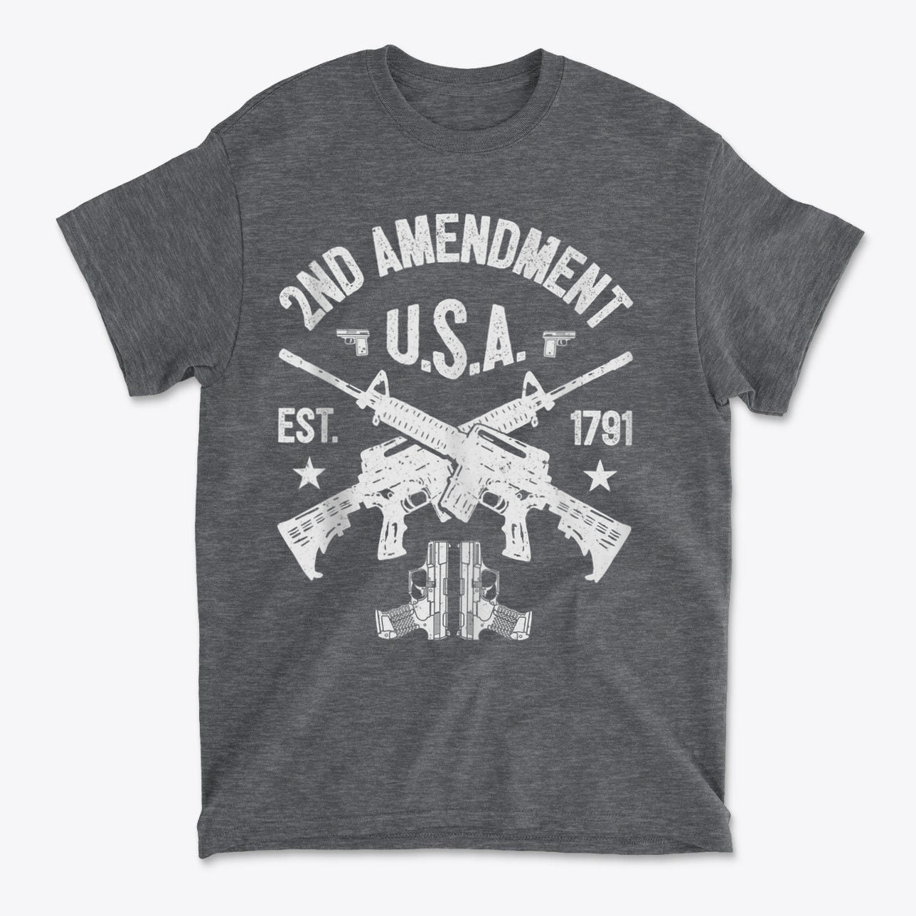 2nd Amendment U.S.A. Est. 1791 graphic t-shirt with rifle design for patriots and conservatives.