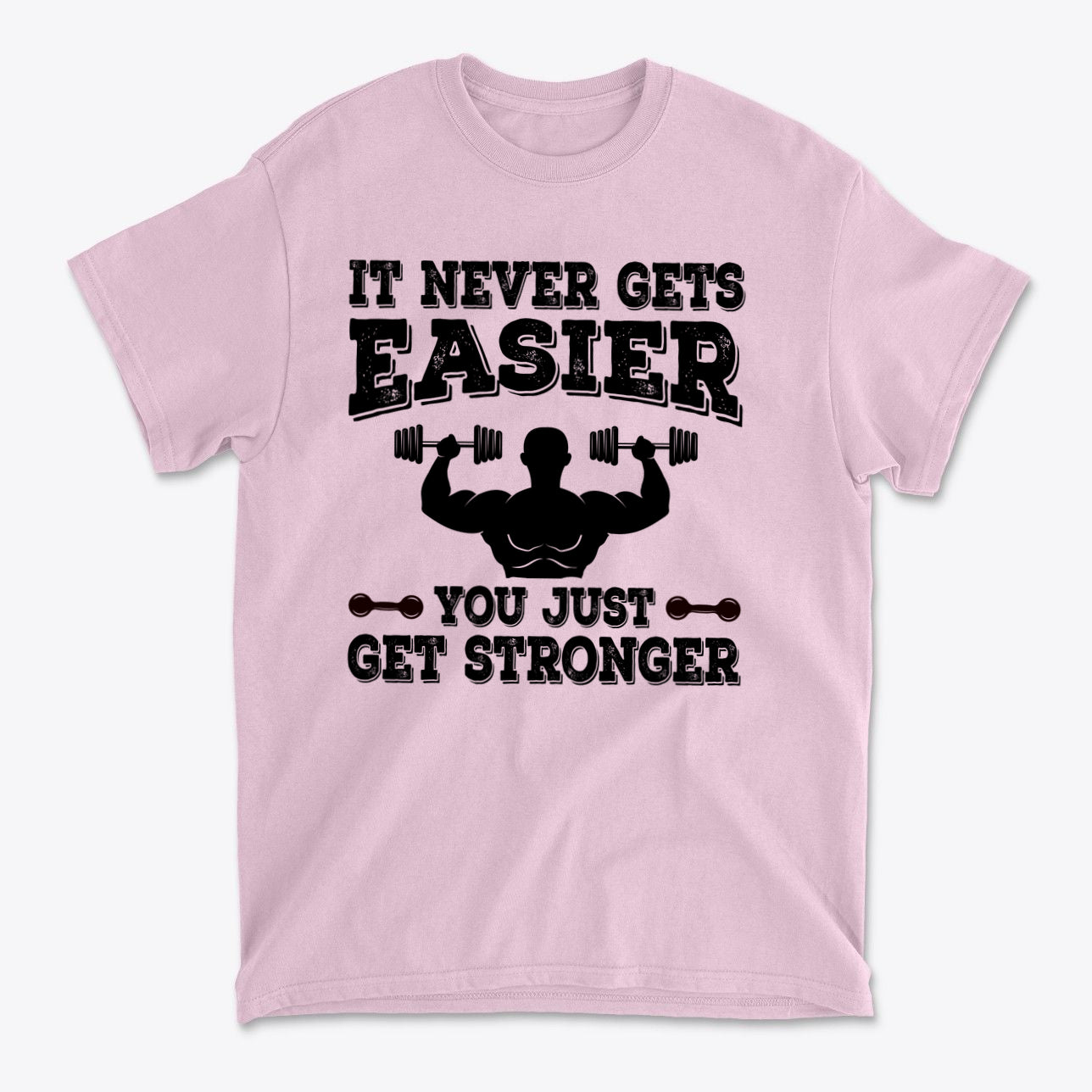 Getting Stronger Every Single Day graphic t-shirt featuring muscular figure and motivational quote.