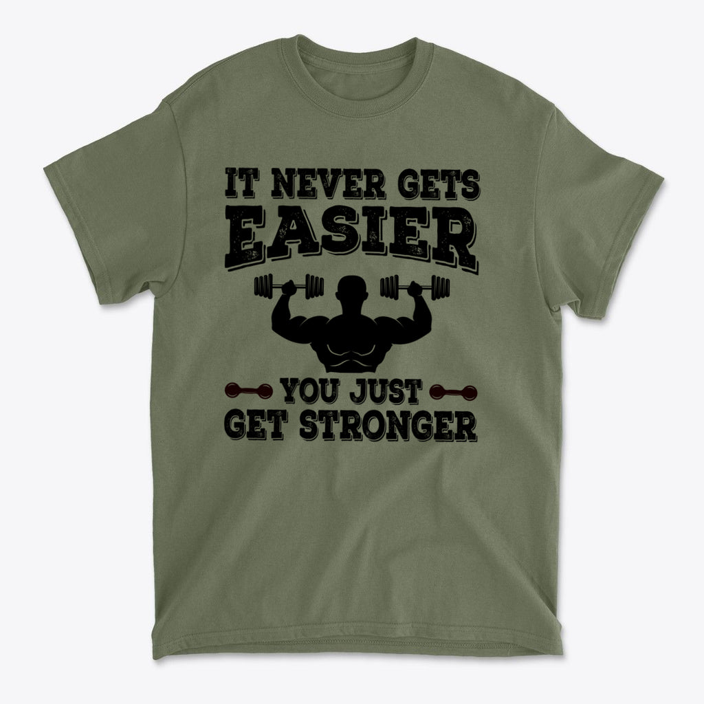 Getting Stronger Every Single Day graphic t-shirt featuring a weightlifting design and motivational slogan.