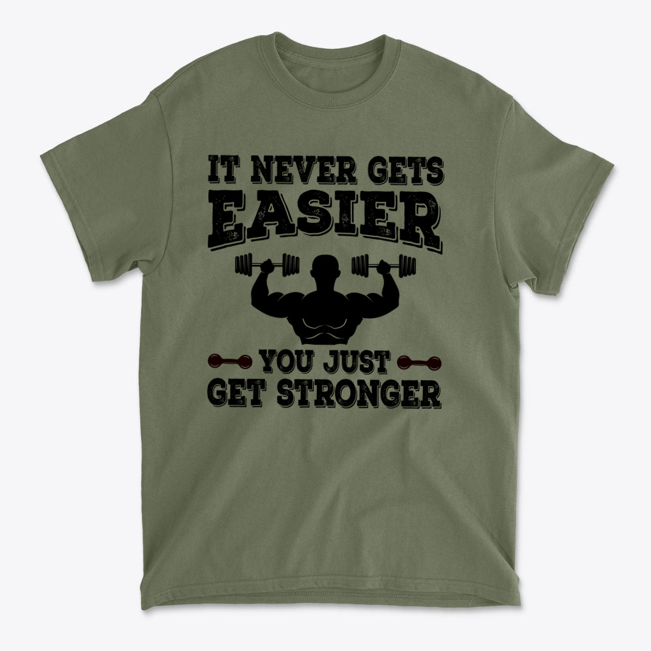 Getting Stronger Every Single Day graphic t-shirt featuring a weightlifting design and motivational slogan.