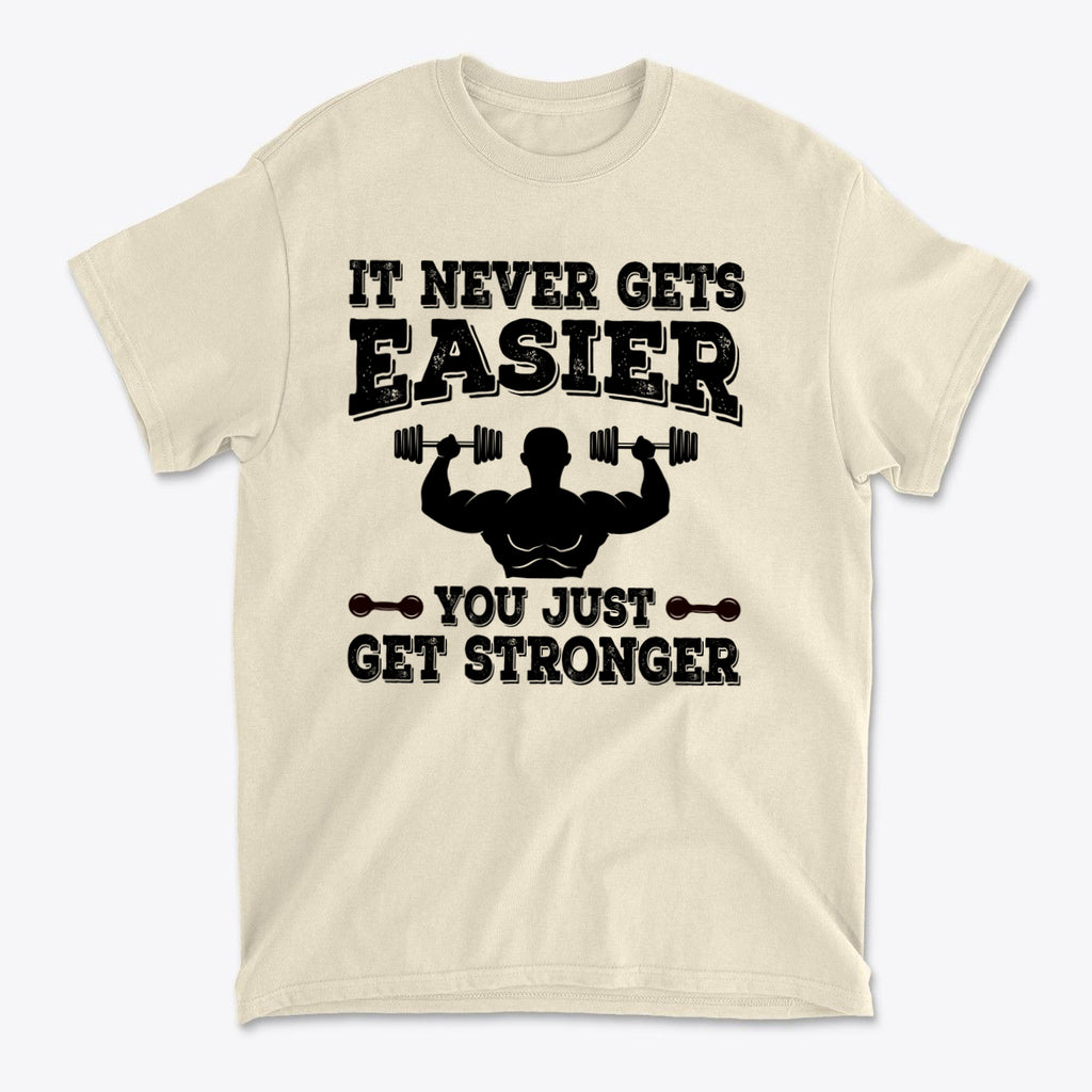Getting Stronger Every Single Day graphic t-shirt featuring motivating fitness quote on a light background.