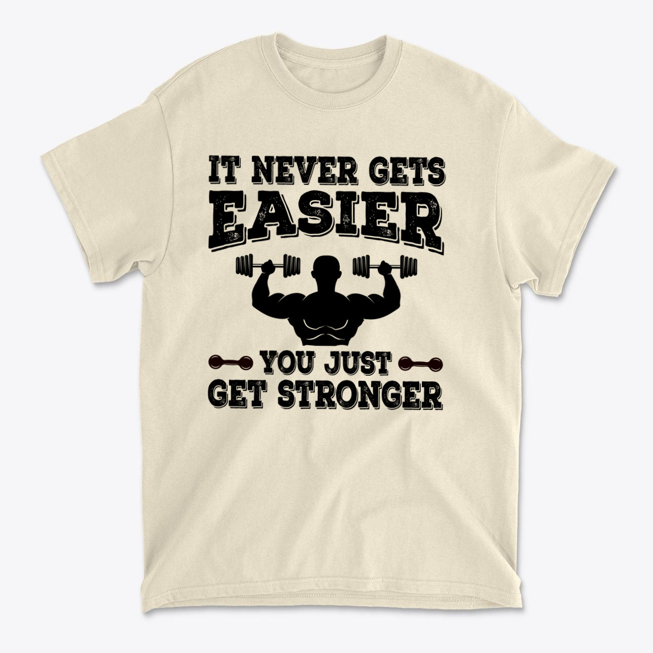 Getting Stronger Every Single Day graphic t-shirt featuring motivating fitness quote on a light background.