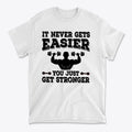 Getting Stronger Every Single Day premium graphic t-shirt featuring motivational fitness quote design.