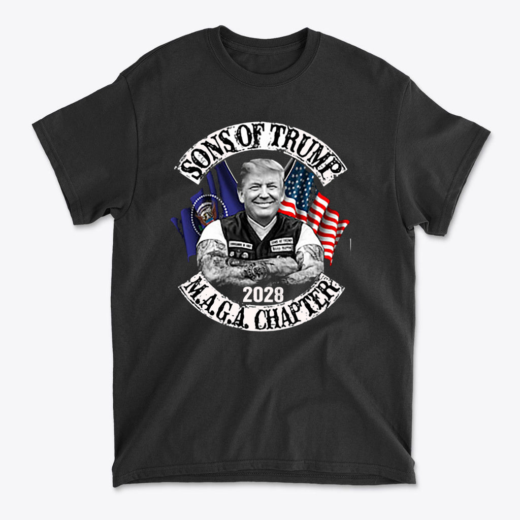 Sons Of Trump 2028 M.A.G.A. Chapter premium graphic t-shirt featuring a patriotic design.