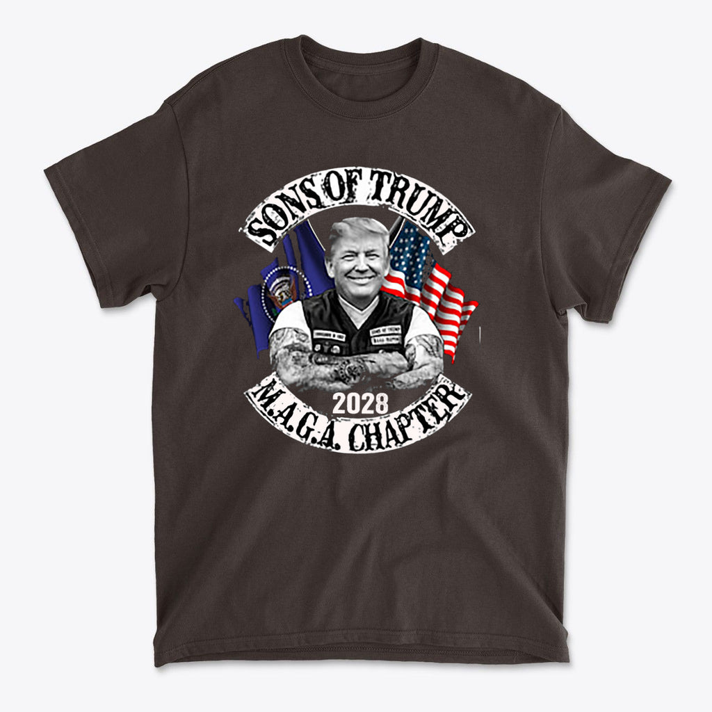 Sons Of Trump 2028 M.A.G.A. Chapter graphic t-shirt featuring a patriotic design.