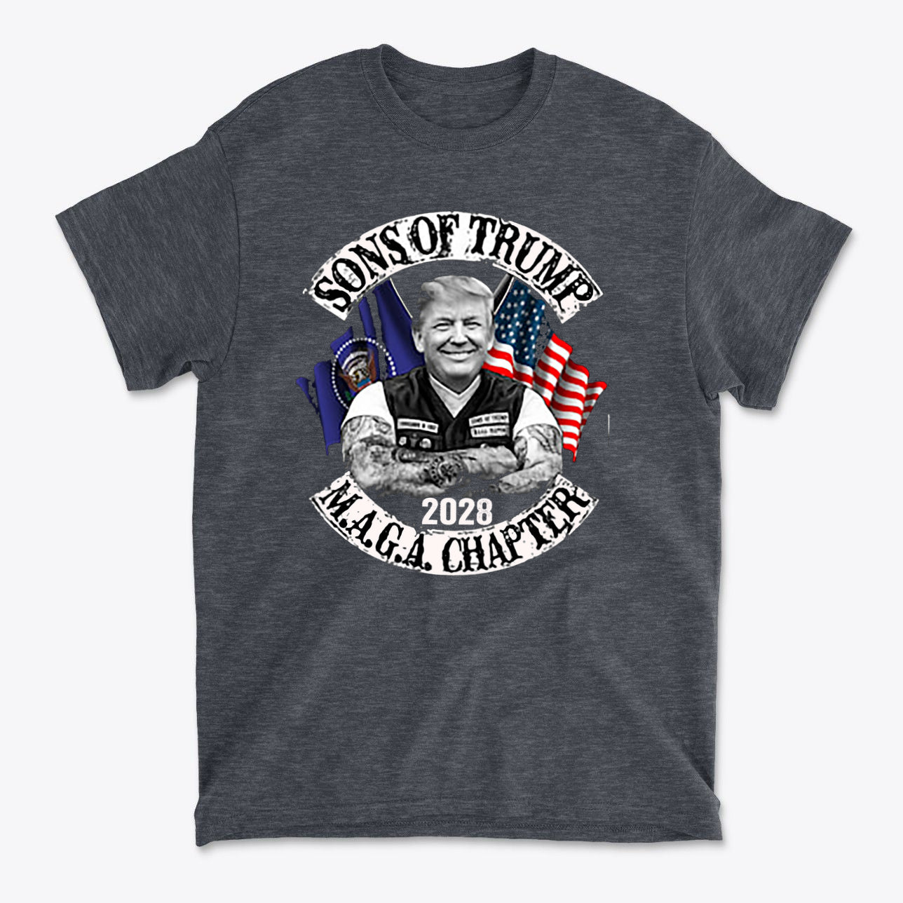 Sons Of Trump 2028 M.A.G.A. Chapter premium graphic t-shirt featuring a patriotic design.