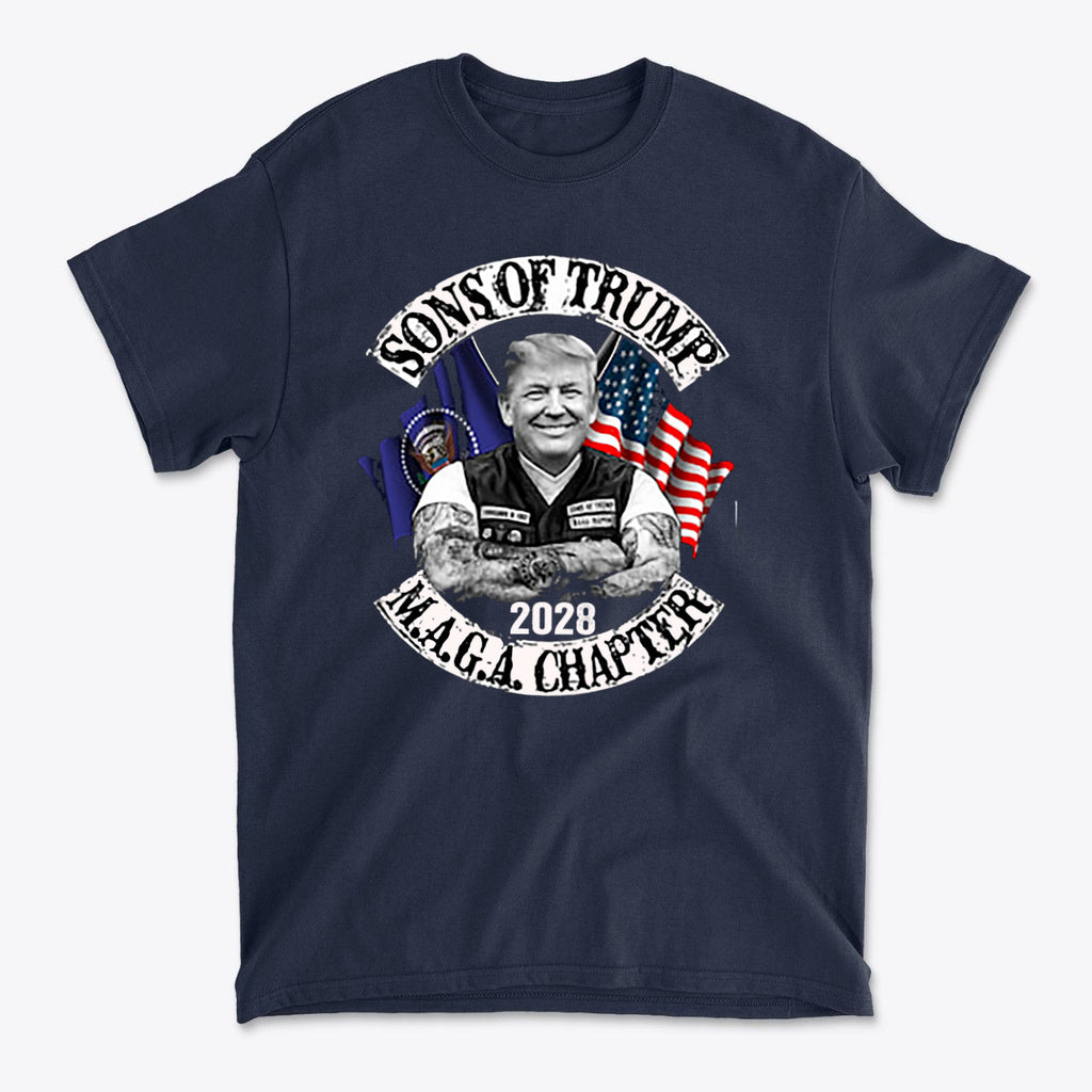 Sons Of Trump 2028 M.A.G.A. Chapter graphic t-shirt featuring patriotic design and a smiling figure.