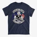 Sons Of Trump 2028 M.A.G.A. Chapter graphic t-shirt featuring patriotic design and a smiling figure.