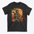 Soldier Against American Flag And City graphic tee featuring a soldier with an American flag background.