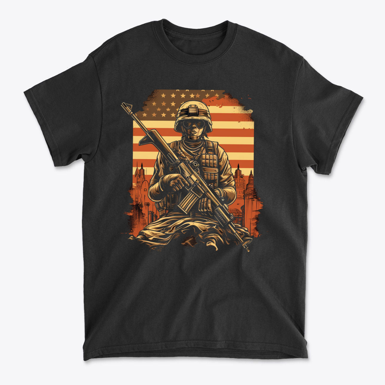 Soldier Against American Flag And City graphic tee featuring a soldier with an American flag background.
