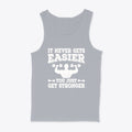 Never Gets Easy You Get Stronger tank top in light gray with white text and weightlifting graphics.