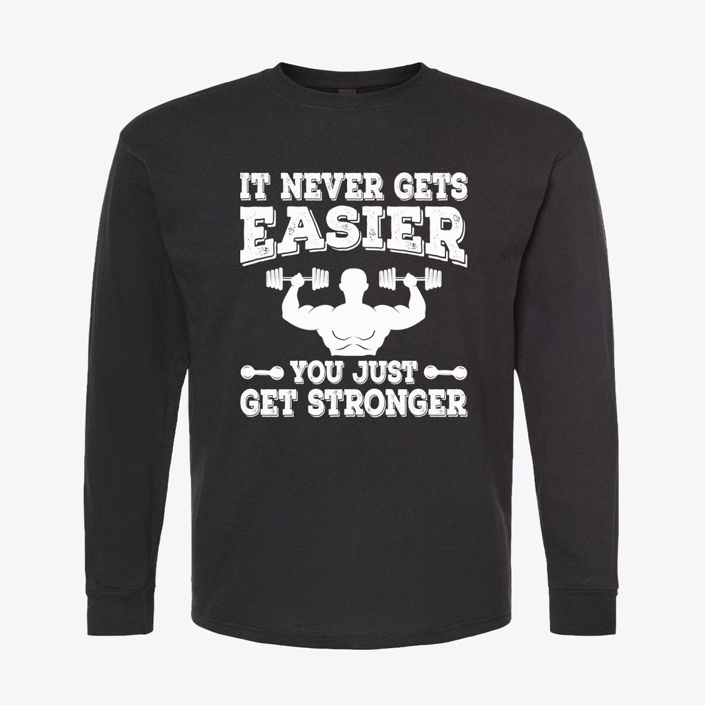It Never Gets Easier Get Strong graphic tee showcasing a muscular design and motivational text.