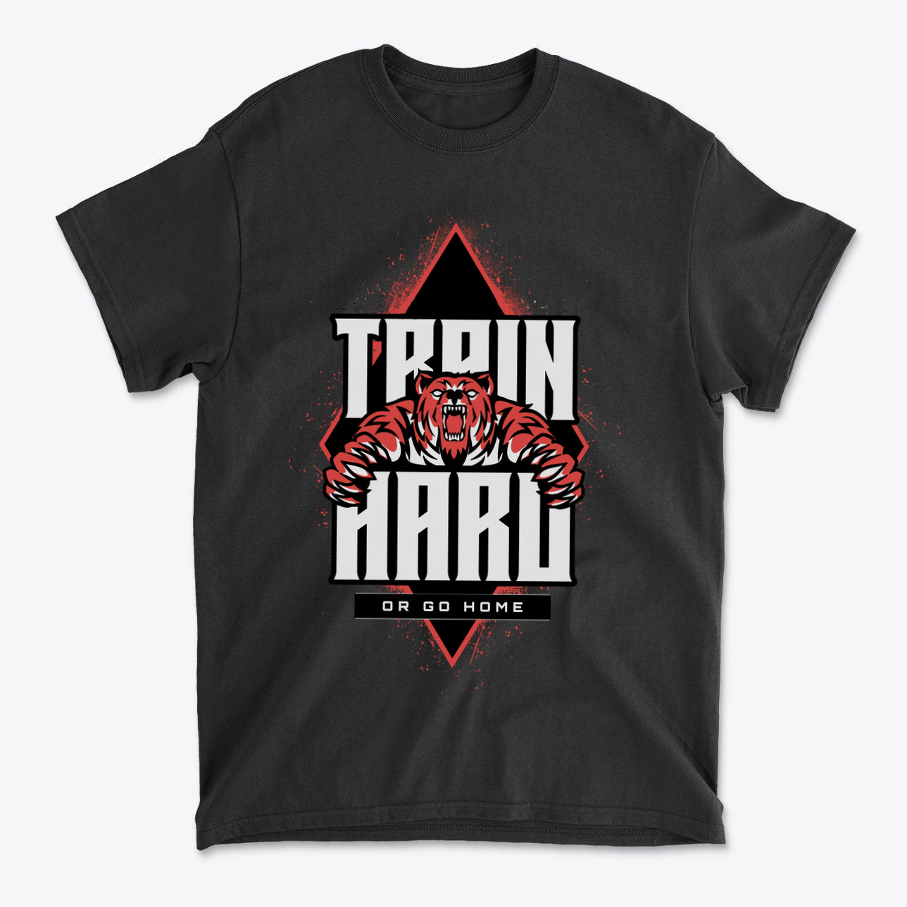 Train Hard Or Go Home Gear Now graphic tee featuring a fierce bear design on a black shirt.
