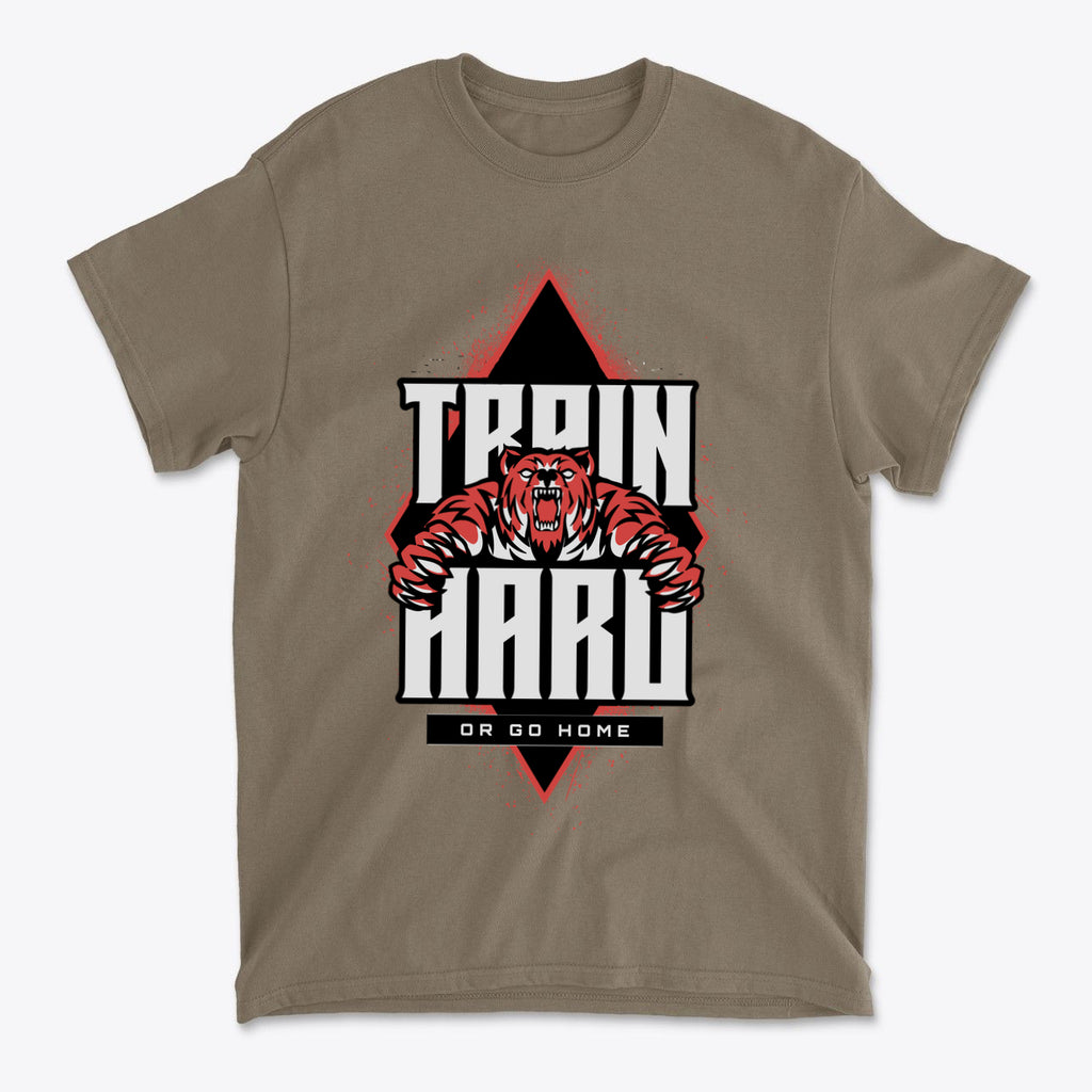 Train Hard Or Go Home Gear Now graphic tee featuring a fierce bear graphic on a brown shirt.