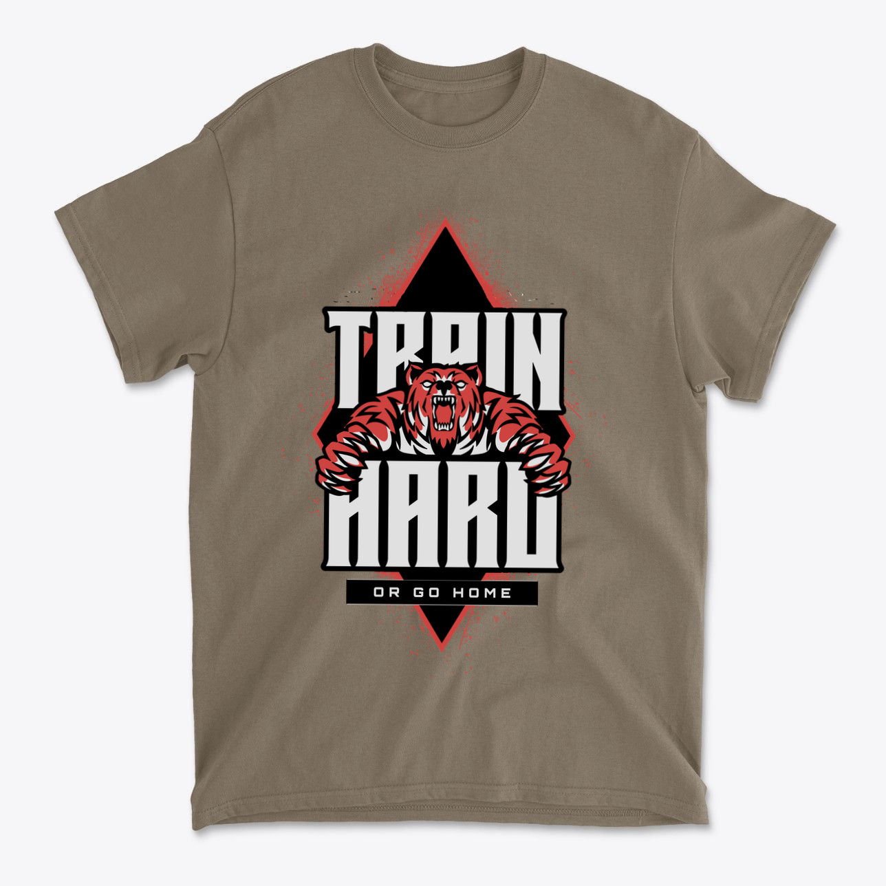 Train Hard Or Go Home Gear Now graphic tee featuring a fierce bear graphic on a brown shirt.