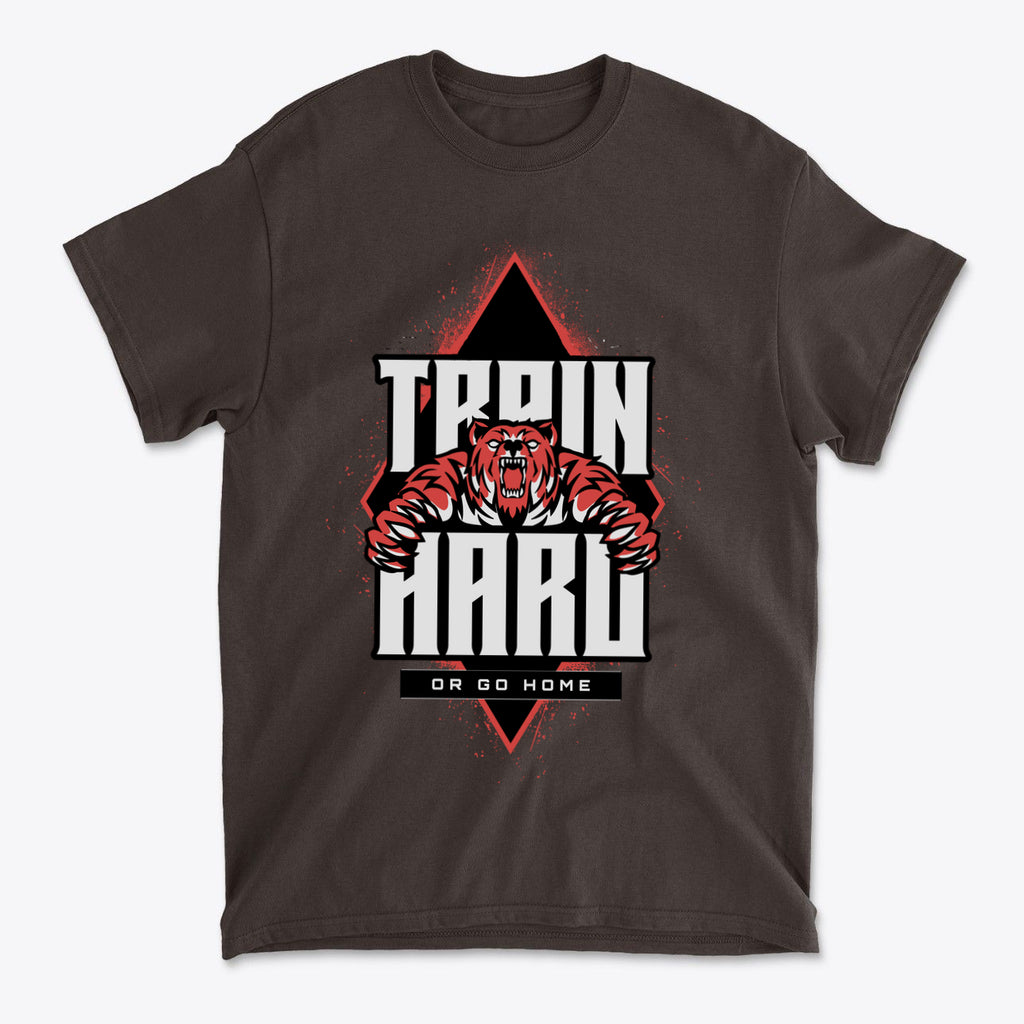 Train Hard Or Go Home Gear Now graphic tee featuring a bold bear design.