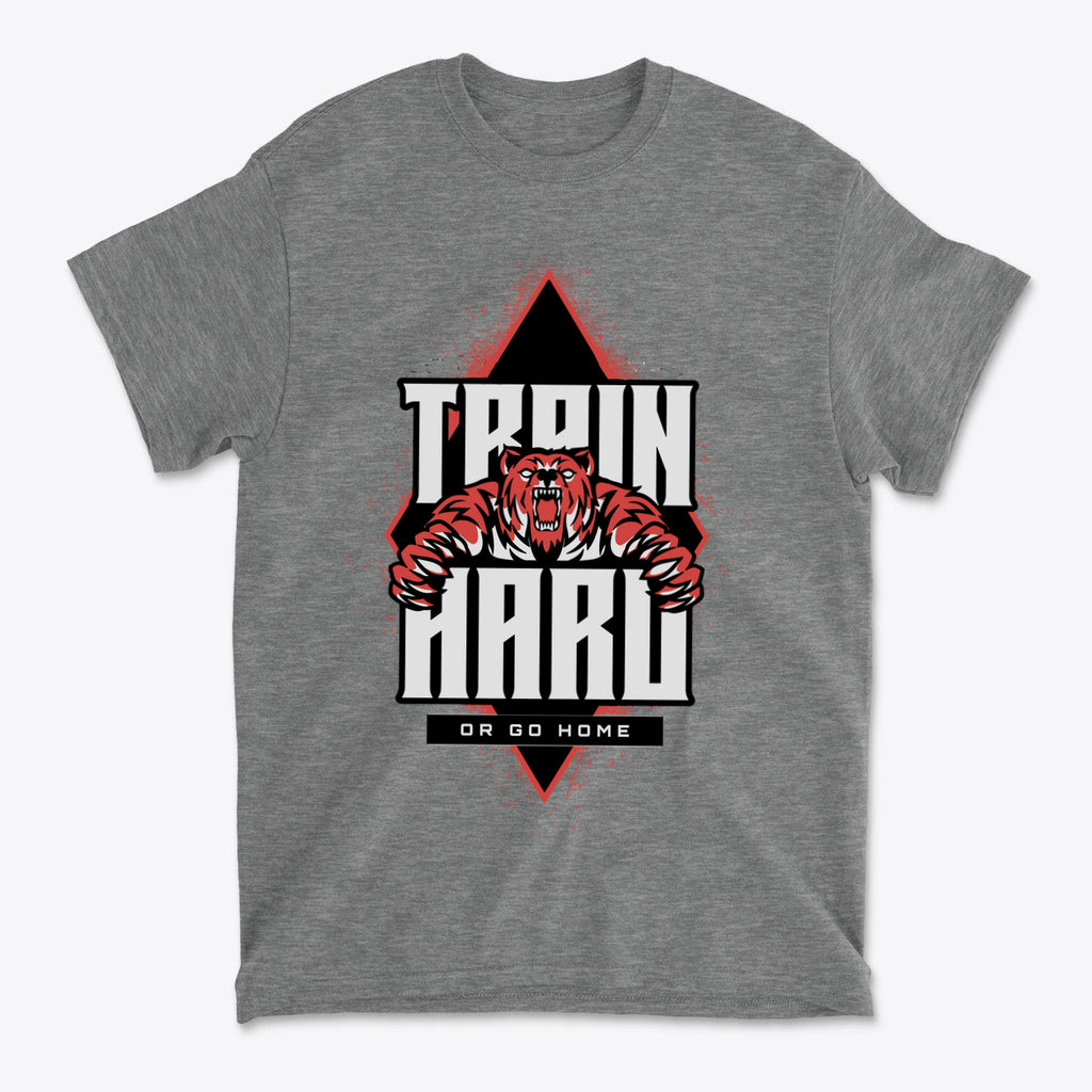 Train Hard Or Go Home Gear Now graphic tee featuring a tiger design in bold colors.