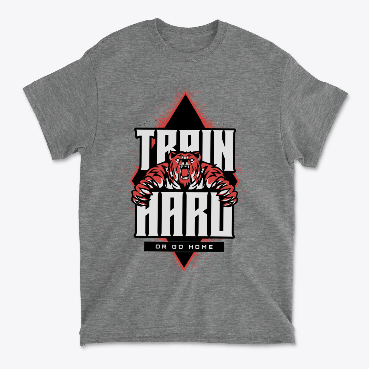 Train Hard Or Go Home Gear Now graphic tee featuring a tiger design in bold colors.