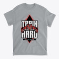 Train Hard Or Go Home Gear Now graphic tee featuring a fierce bear design on a gray shirt.