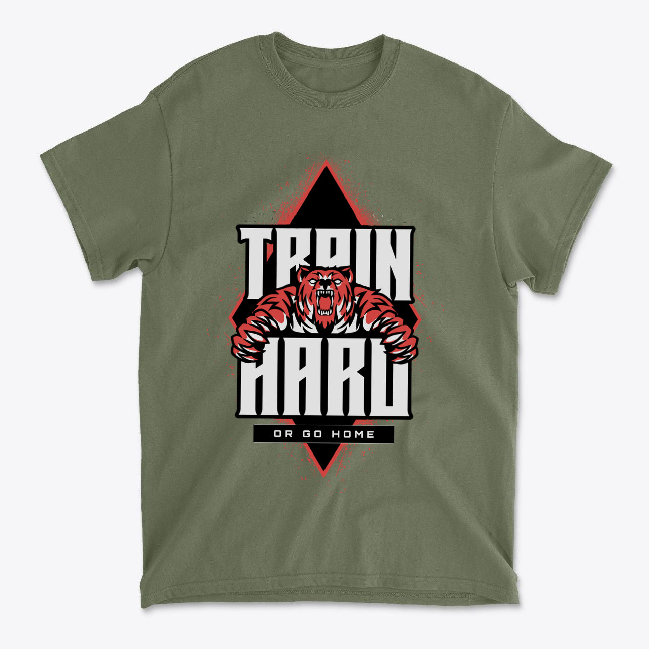 Train Hard Or Go Home Gear Now graphic tee featuring a fierce design with a bear and bold text.