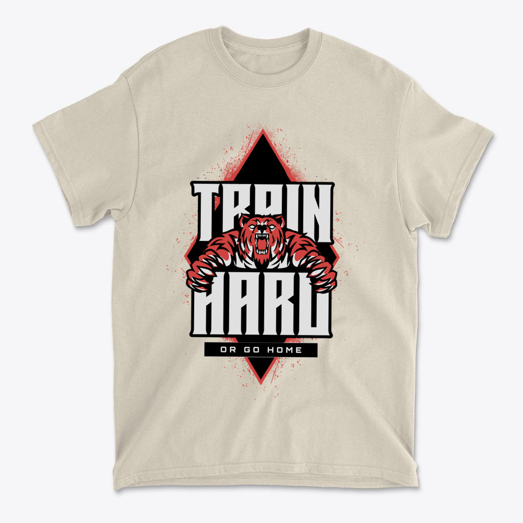 Train Hard Or Go Home Gear Now graphic tee featuring a fierce bear design.