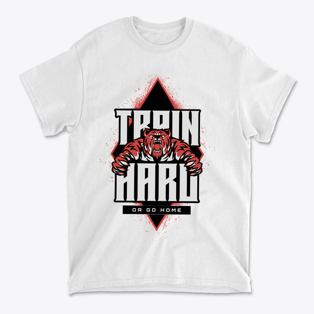 Train Hard Or Go Home Gear Now graphic tee featuring a bold design with a roaring bear.