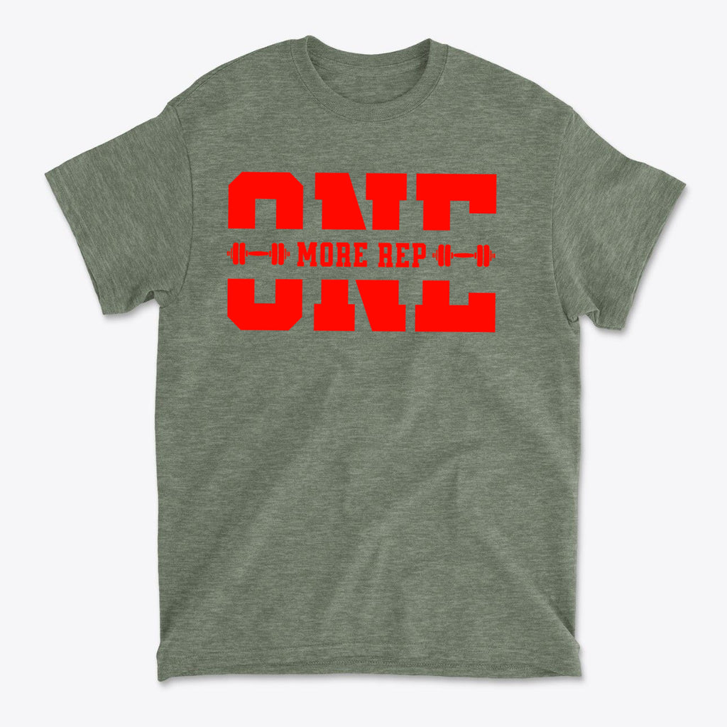Always Push For One More Rep Now graphic tee in green with bold red text.