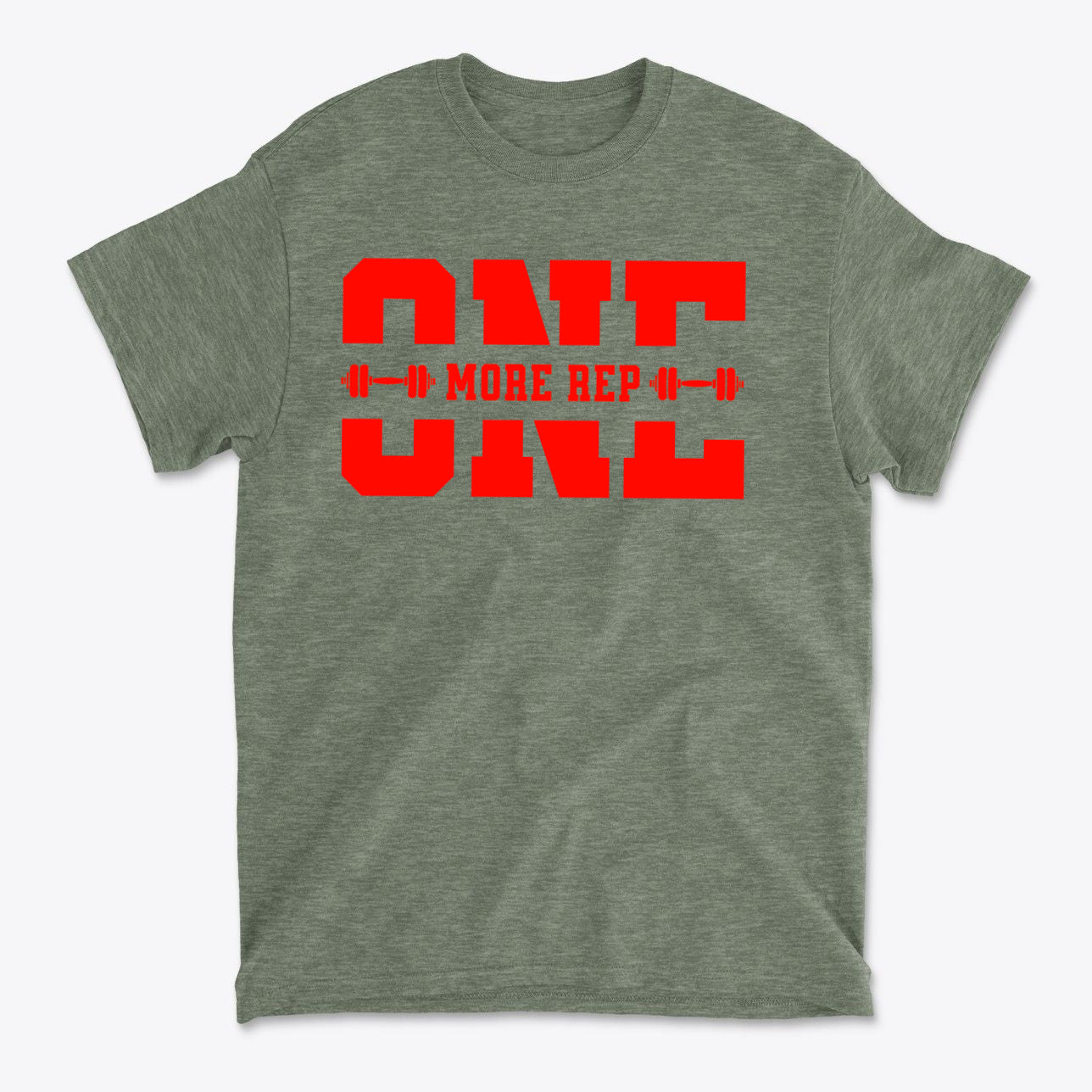 Always Push For One More Rep Now graphic tee in green with bold red text.