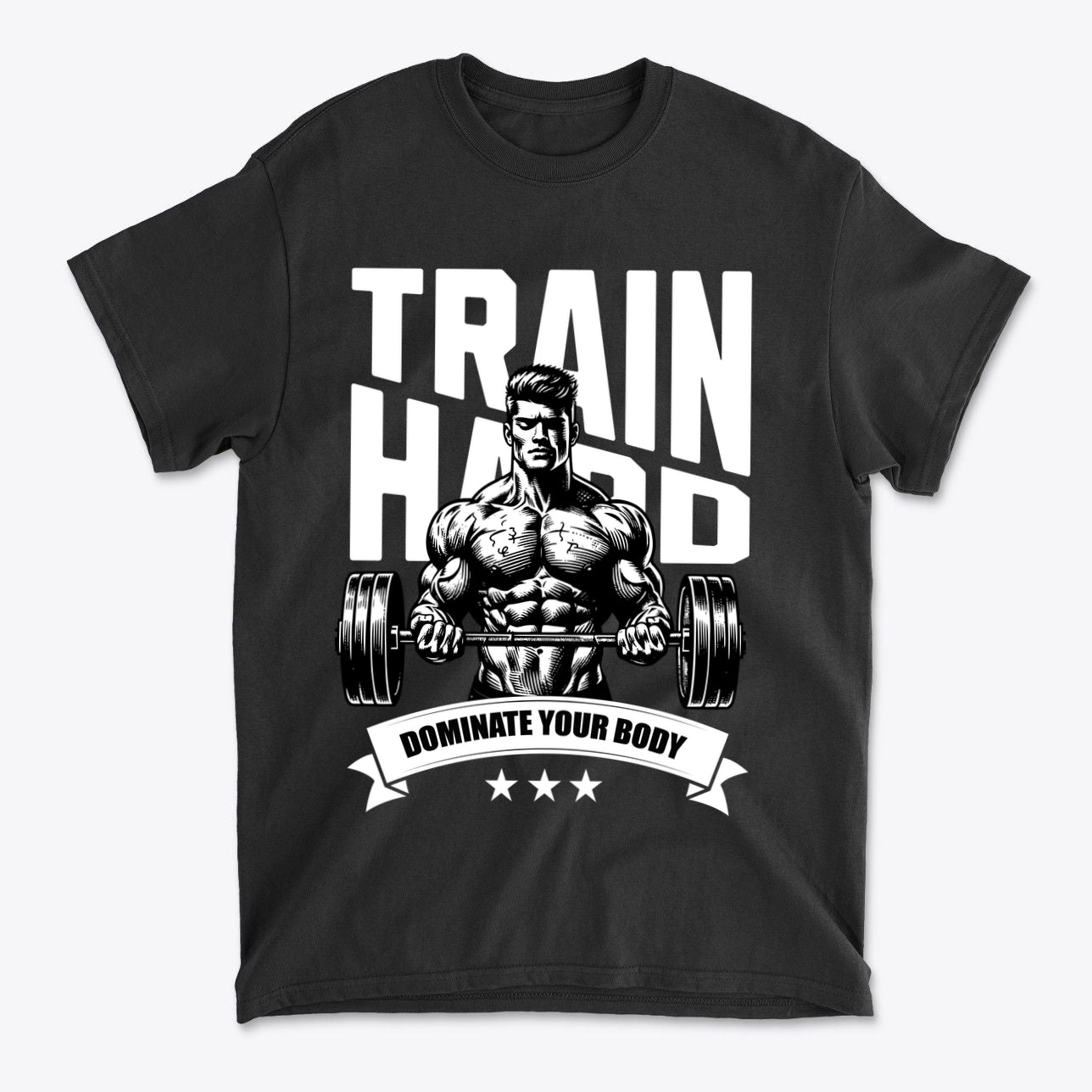 Train Hard Dominate Your Body Now graphic tee with a muscular design, perfect for gym enthusiasts and patriots.