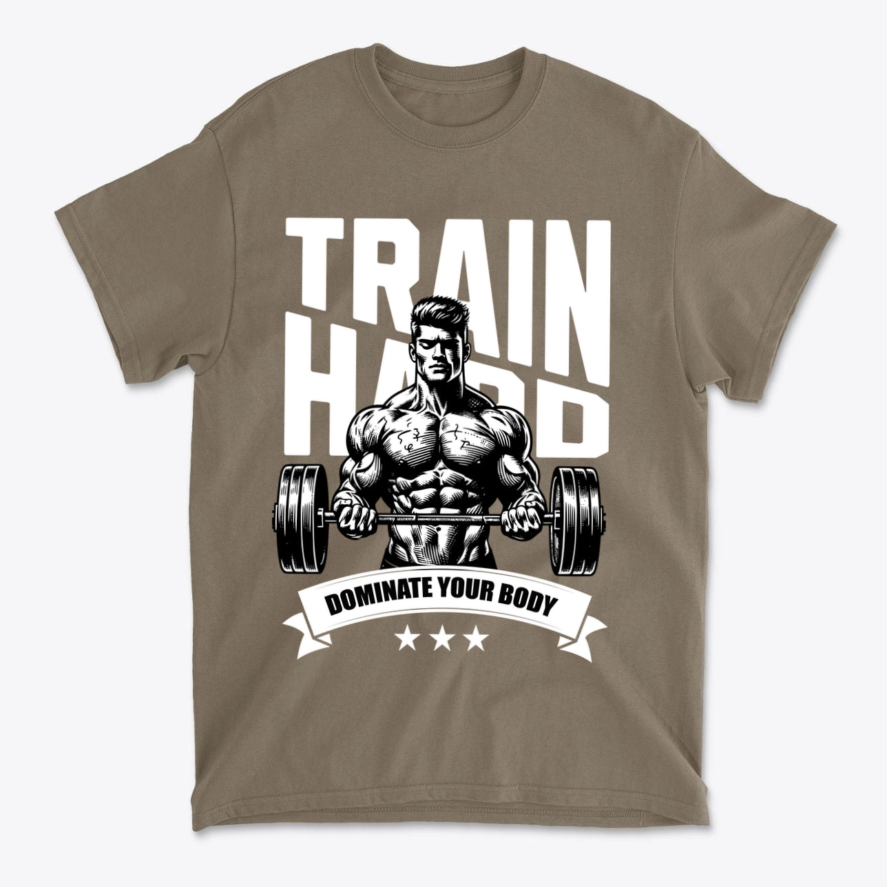 Train Hard Dominate Your Body Now graphic tee featuring a muscular figure lifting weights.