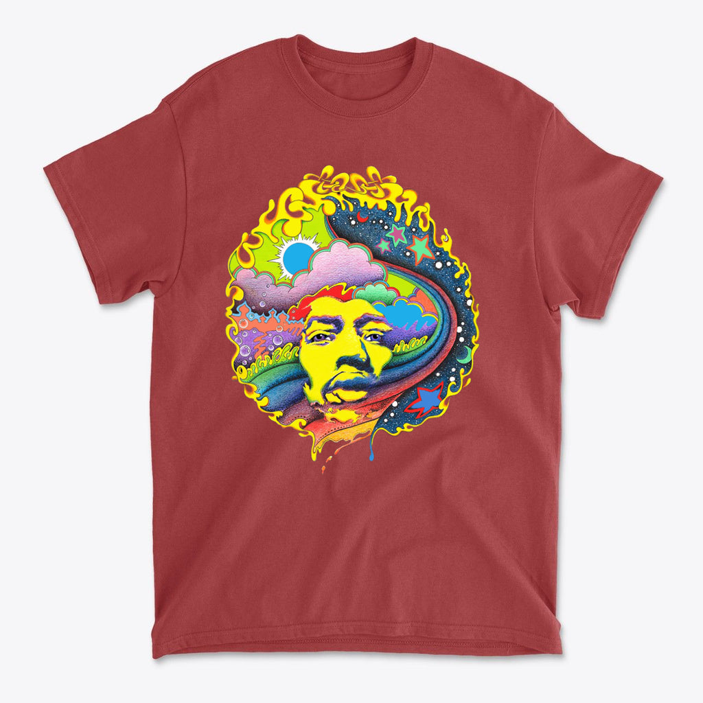 Vivid Hendrix In Original Color with vibrant psychedelic design on a red background.