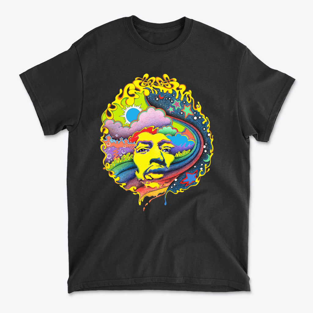 Graphic tee featuring Jimi Hendrix Seen InVivid Hendrix In Original Color design with vibrant colors and psychedelic elements.