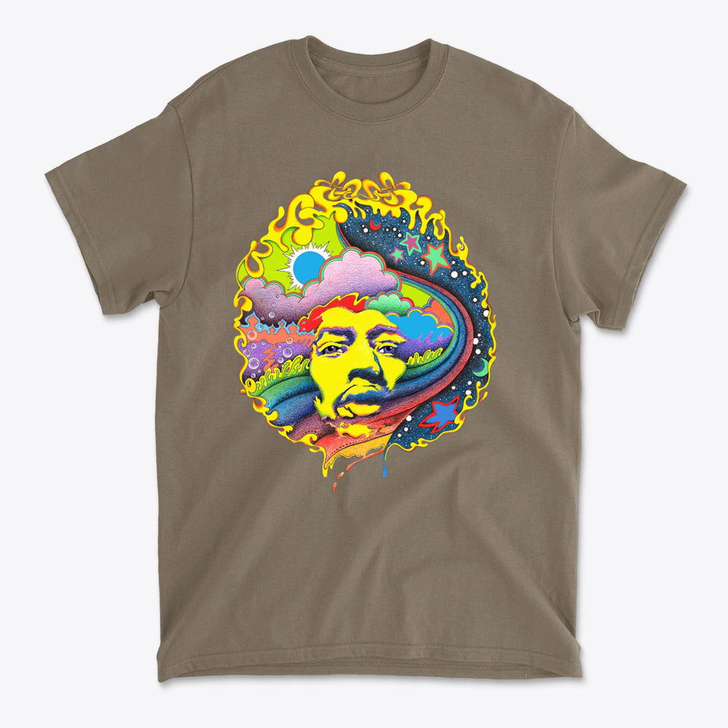 Jimi Hendrix Seen In True Vivid Hendrix In Original Color  tee featuring a vibrant psychedelic design and Gildan quality construction.