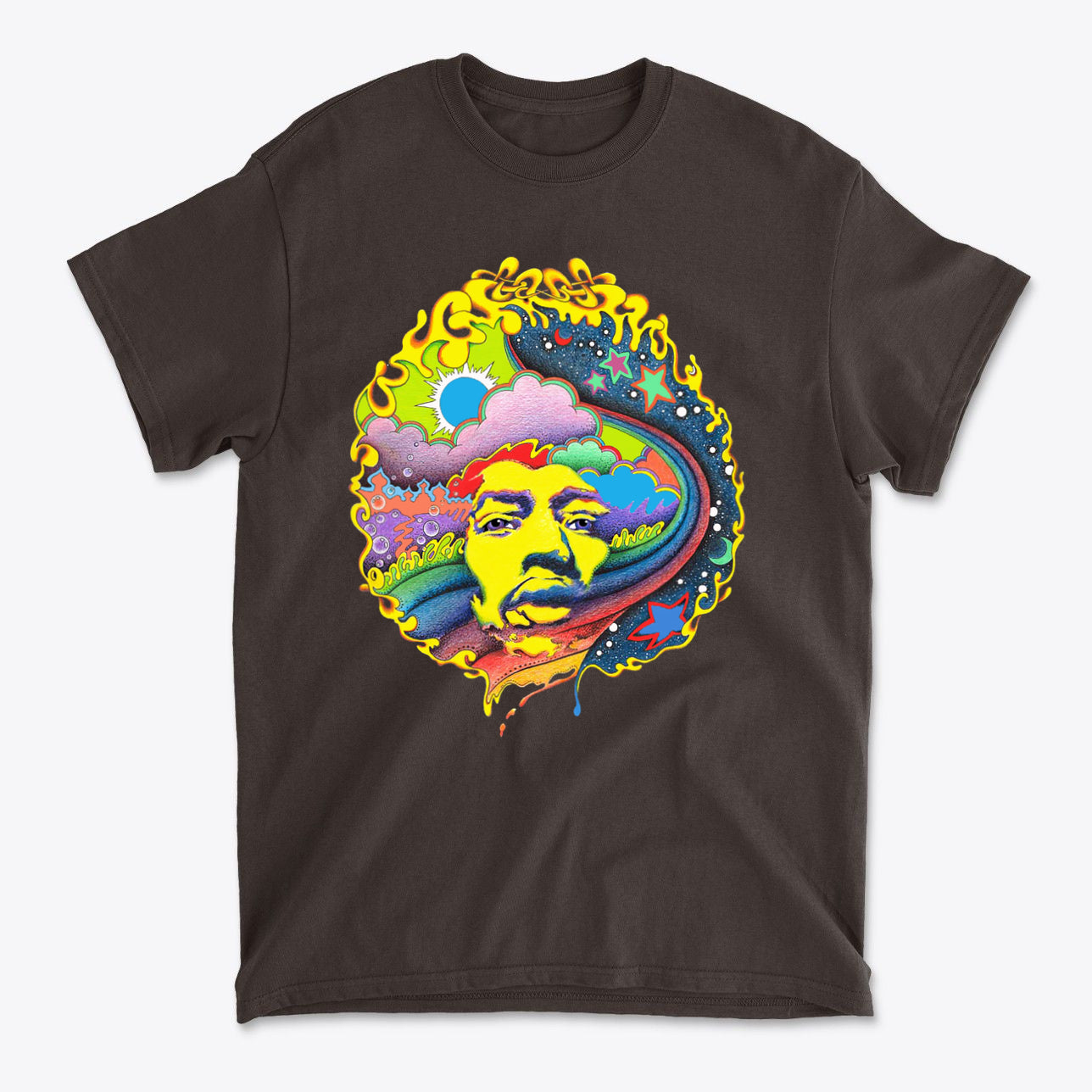 Jimi Hendrix Seen In True Vivid Hendrix In Original Color tee featuring vibrant psychedelic design on a dark background.