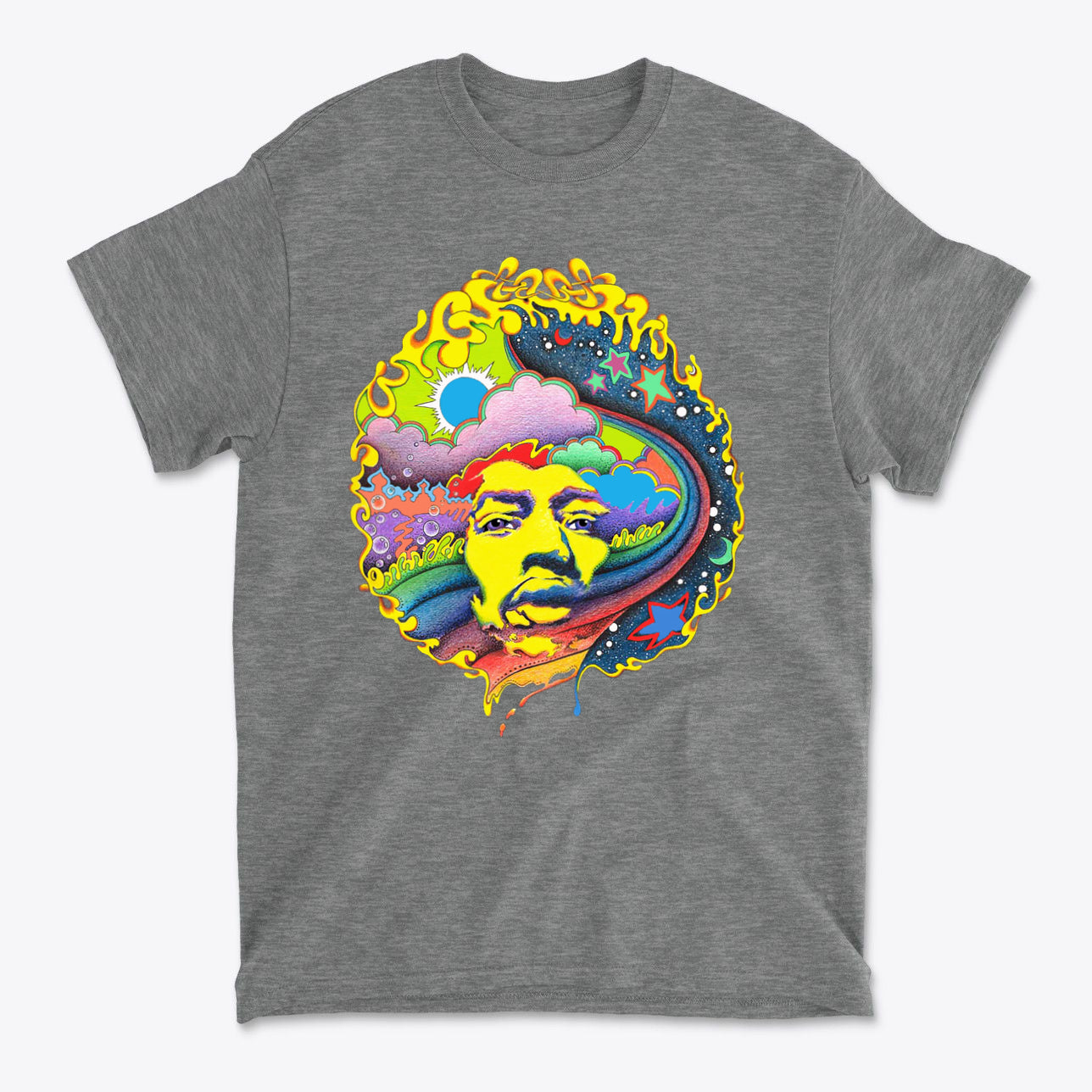 Jimi Hendrix Seen In True Vivid Hendrix In Original Color tee featuring vibrant psychedelic design with Jimi's face surrounded by colorful elements.