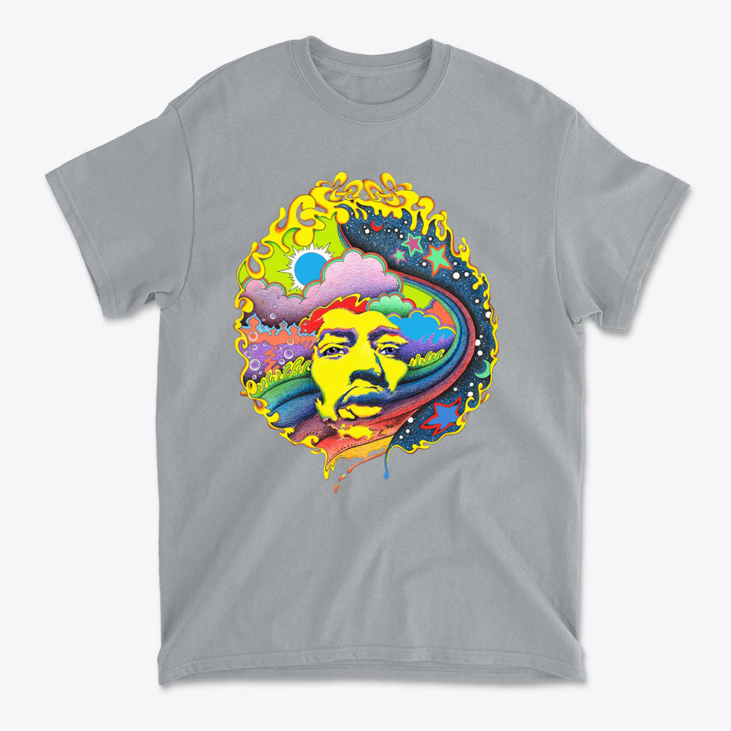 Jimi Hendrix Seen In Vivid Hendrix In Original Color tee featuring vibrant and psychedelic design on a gray shirt.