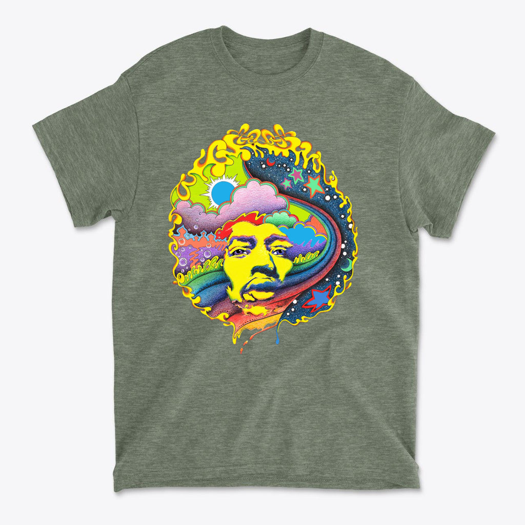Vivid Hendrix In Original Color tee featuring a vibrant design of Jimi Hendrix Seen In True Color, perfect for music fans and casual wear.