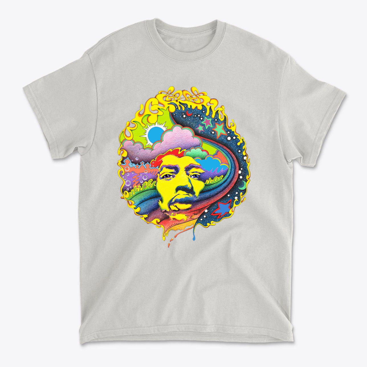 Vivid Hendrix In Original Color tee featuring a vibrant psychedelic design.