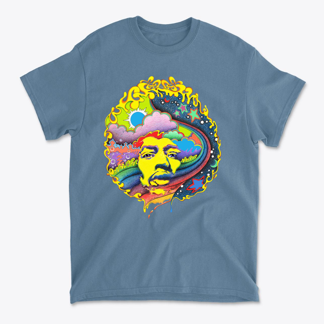 Vivid Hendrix In Original Color tee featuring vibrant psychedelic design and quality construction.