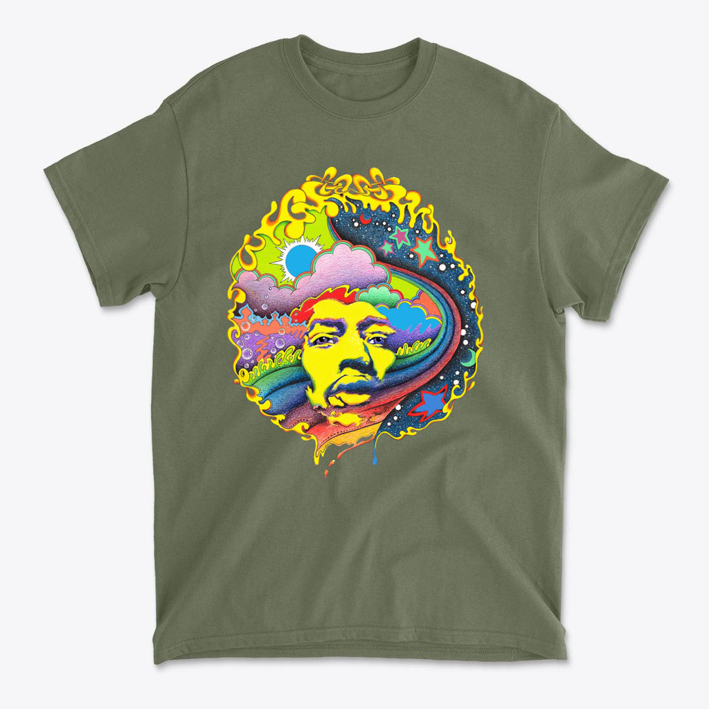 Vivid Hendrix In Original Color tee featuring vibrant psychedelic design on a green shirt.