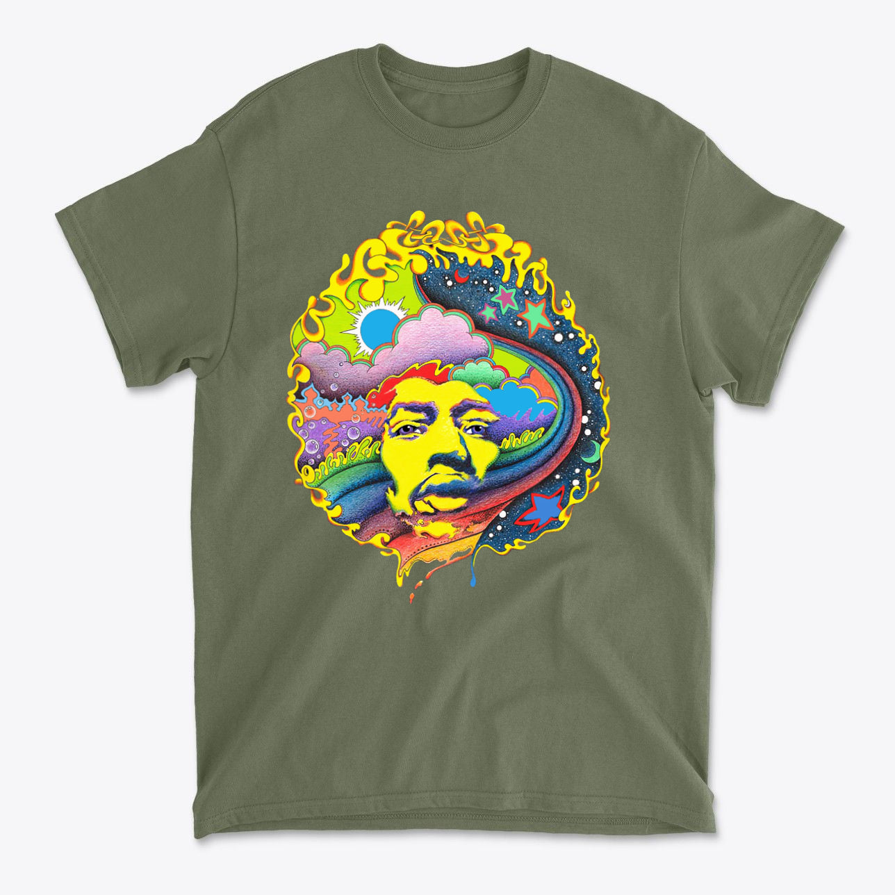 Vivid Hendrix In Original Color tee featuring vibrant psychedelic design on a green shirt.